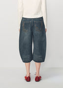 Dark Blue Bamboo-Pendant Detail Denim Barrel Pants