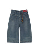 Dark Blue Bamboo-Pendant Detail Denim Barrel Pants