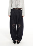 Floral embroidered adjustable balloon denim pants