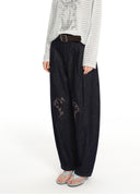 Floral embroidered adjustable balloon denim pants