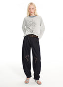 Floral embroidered adjustable balloon denim pants
