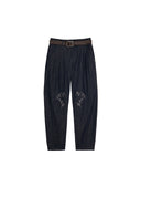 Floral embroidered adjustable balloon denim pants