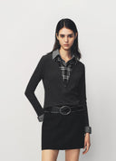 Dark Grey Plaid Patchwork Slim Fit Polo Shirt