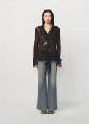 Romantic Brown Ruffle Trim Embroidered Shirt