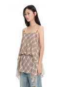 Diagonal plaid asymmetric cami top