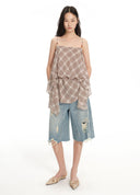 Diagonal plaid asymmetric cami top