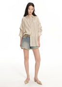 Sheer Ruched-Sleeve Shirt