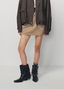Khaki A Line Denim Mini Skirt with Red Stitching