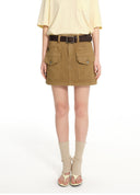 Distressed washed utility denim mini skirt