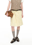 Pale Yellow Pleated Lace-Trim Skirt