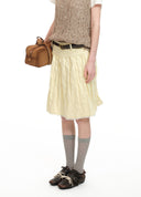 Pale Yellow Pleated Lace-Trim Skirt