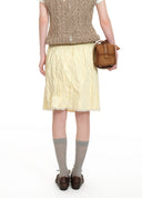 Pale Yellow Pleated Lace-Trim Skirt