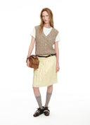 Pale Yellow Pleated Lace-Trim Skirt