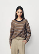 Brown Striped Knit-Collar Short-Sleeve T-Shirt