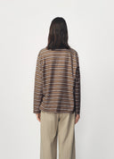 Brown Striped Knit-Collar Short-Sleeve T-Shirt