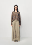 Brown Striped Knit-Collar Short-Sleeve T-Shirt