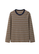 Brown Striped Knit-Collar Short-Sleeve T-Shirt