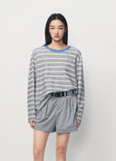Brown Striped Knit-Collar Short-Sleeve T-Shirt
