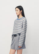 Brown Striped Knit-Collar Short-Sleeve T-Shirt
