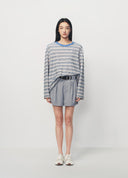 Brown Striped Knit-Collar Short-Sleeve T-Shirt