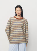 Brown Striped Knit-Collar Short-Sleeve T-Shirt