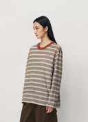 Brown Striped Knit-Collar Short-Sleeve T-Shirt