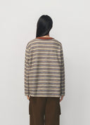 Brown Striped Knit-Collar Short-Sleeve T-Shirt