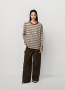 Brown Striped Knit-Collar Short-Sleeve T-Shirt