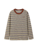Brown Striped Knit-Collar Short-Sleeve T-Shirt