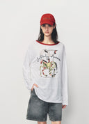 White Bamboo Horse Print Red Collar T Shirt