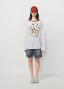 White Bamboo Horse Print Red Collar T Shirt