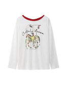 White Bamboo Horse Print Red Collar T Shirt