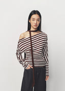 Brown Stripe Lace Up Slim Fit T Shirt