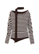 Brown Stripe Lace Up Slim Fit T Shirt