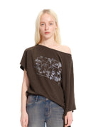 Relaxed one-shoulder asymmetric printed T-shirt