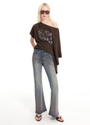 Relaxed one-shoulder asymmetric printed T-shirt
