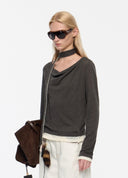 Lace-Panel Draped Wool Top