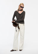 Lace-Panel Draped Wool Top