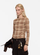 Plaid Flocked Layered Mesh Top