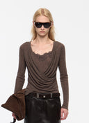 Dark Brown Lace-Trim Draped Knit
