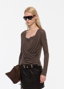 Dark Brown Lace-Trim Draped Knit