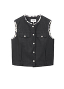 Printed Contrast Trim Cropped Tailored Vest