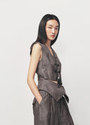 Brown Coffee V Neck Double Breasted Deconstructed Vest