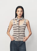Brown Coffee Striped Henley U Neck Knit Vest