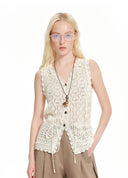 French V-Neck Drawstring Cut-Out Knit Vest
