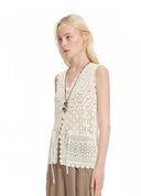 French V-Neck Drawstring Cut-Out Knit Vest